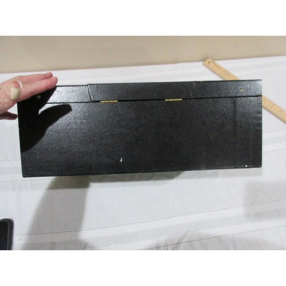 Vtg, Black Faux Leather Mell MCM Jewelry Box Red Velvet 25+Piece Tiered with KEY